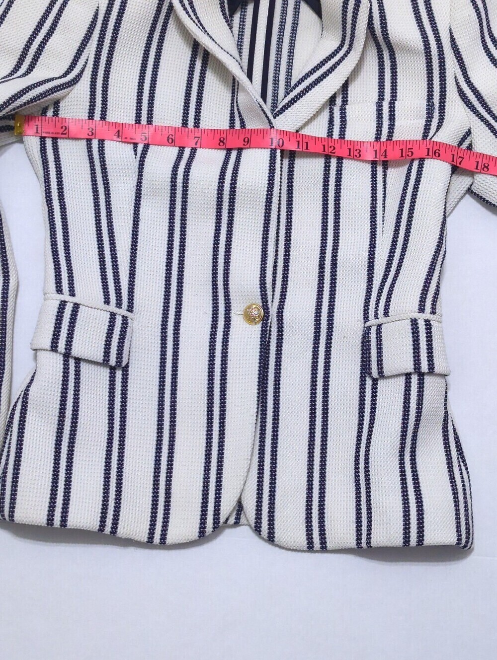 Zara Textured Knit Striped Blazer XS Ivory Navy Gold Button Nautical Preppy - Picture 10 of 12